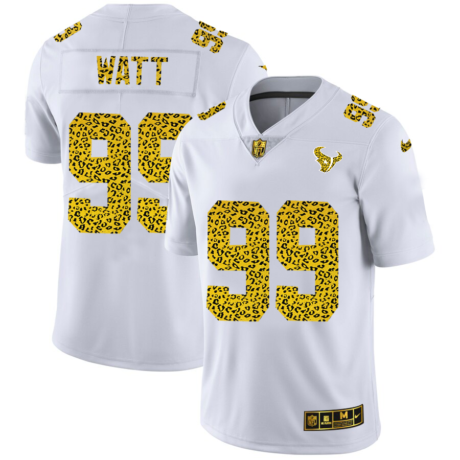 Custom Houston Texans 99 J.J. Watt Men Nike Flocked Leopard Print Vapor Limited NFL Jersey White